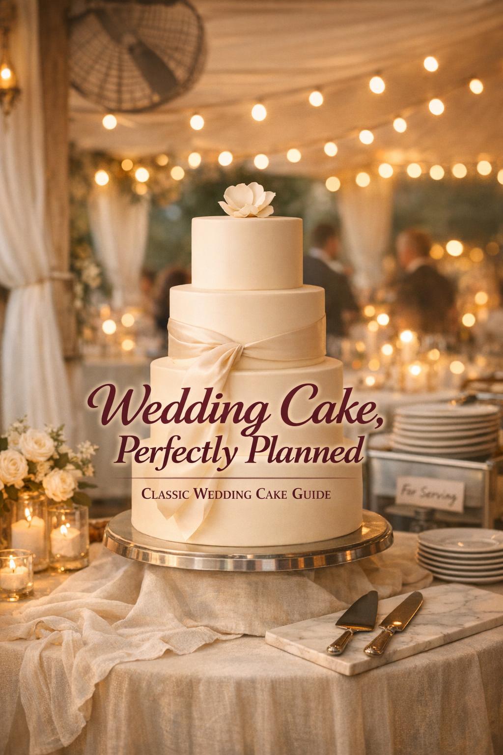 Modern wedding cake on linen table with candles and string lights at golden-hour reception, perfectly planned setup