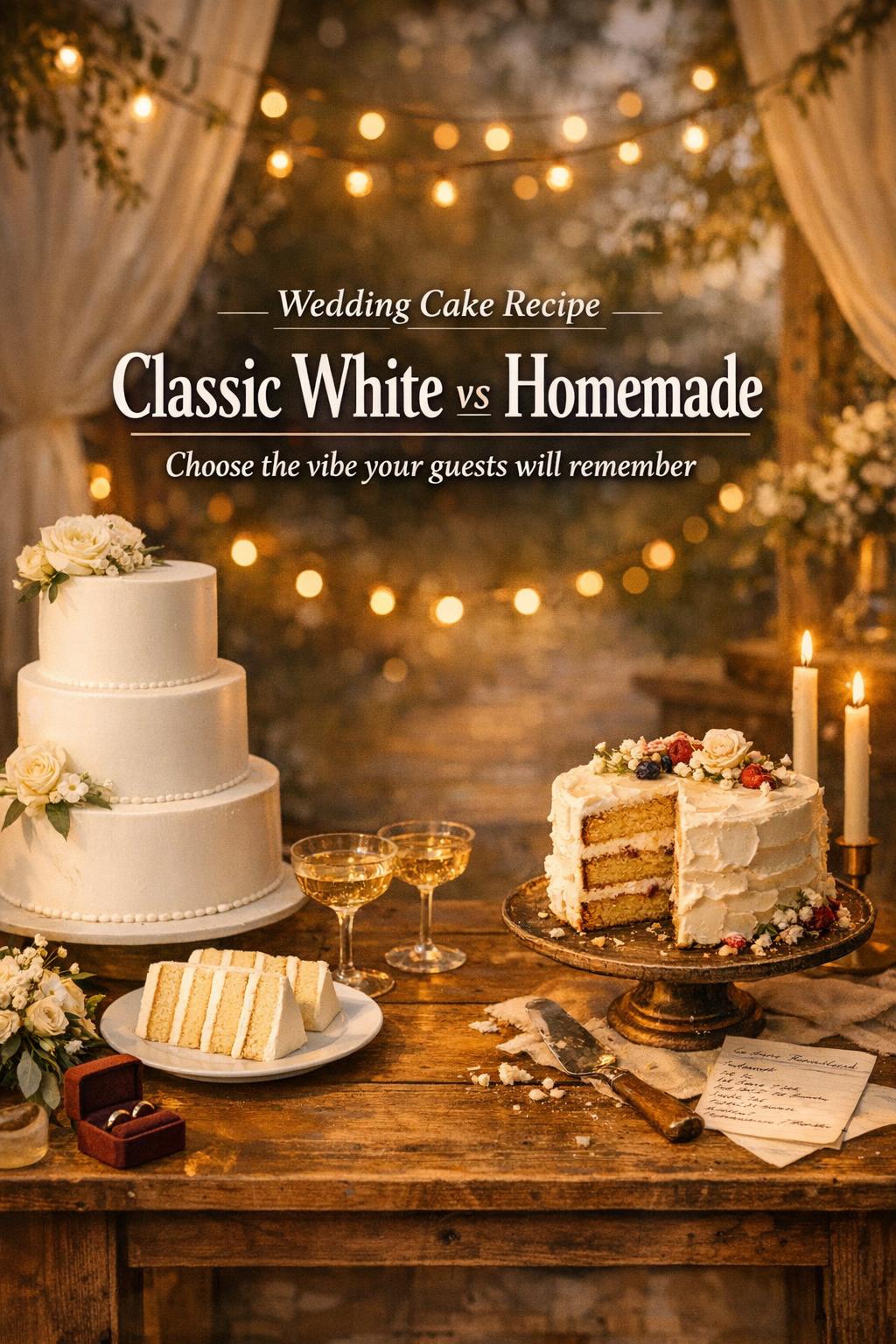 Wedding cake recipe comparison with classic white tiered cake and rustic homemade cake on a candlelit table