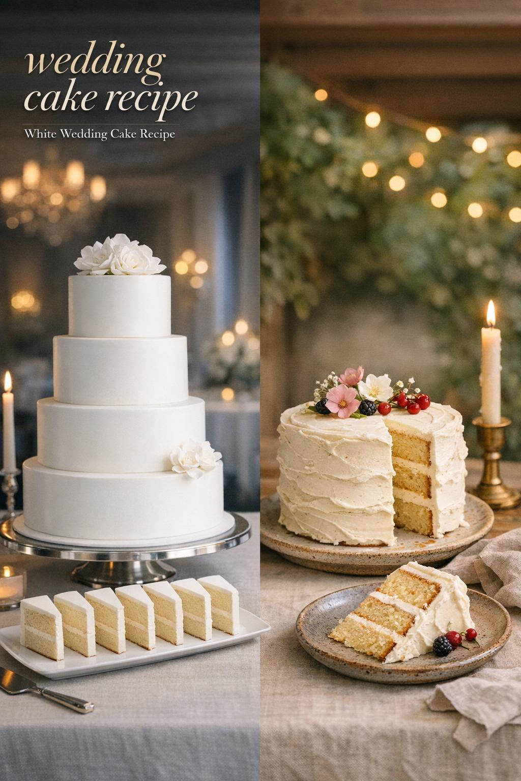 wedding cake recipe photo of a split wedding-eve cake table with a traditional white tiered cake and a homemade buttercream cake