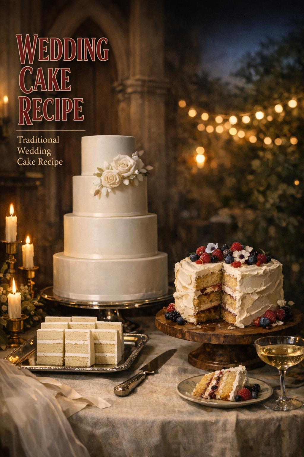 Wedding cake recipe cake table with traditional tiered cake and rustic homemade cake in candlelit moody wedding editorial scene