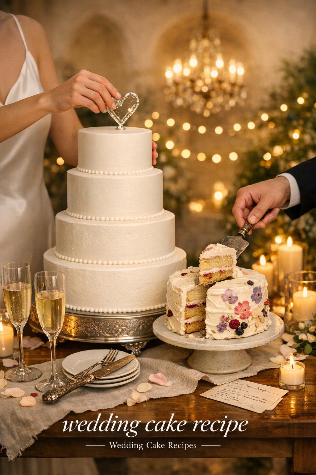 Wedding cake recipe scene with traditional tiered cake and homemade flower-decorated cake on a candlelit prep table