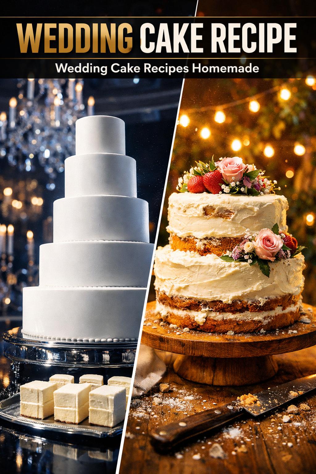 Wedding cake recipe with a white tiered cake decorated with buttercream frosting and fresh flowers