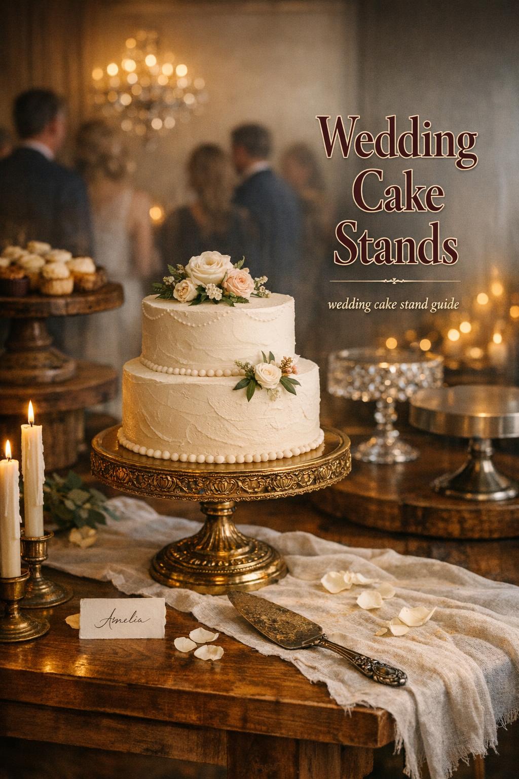 Wedding Cake Stand Guide in Candlelit Reception Luxury candlelit dessert table featuring a wedding cake stand with buttercream cake, soft bokeh guests, and elegant details