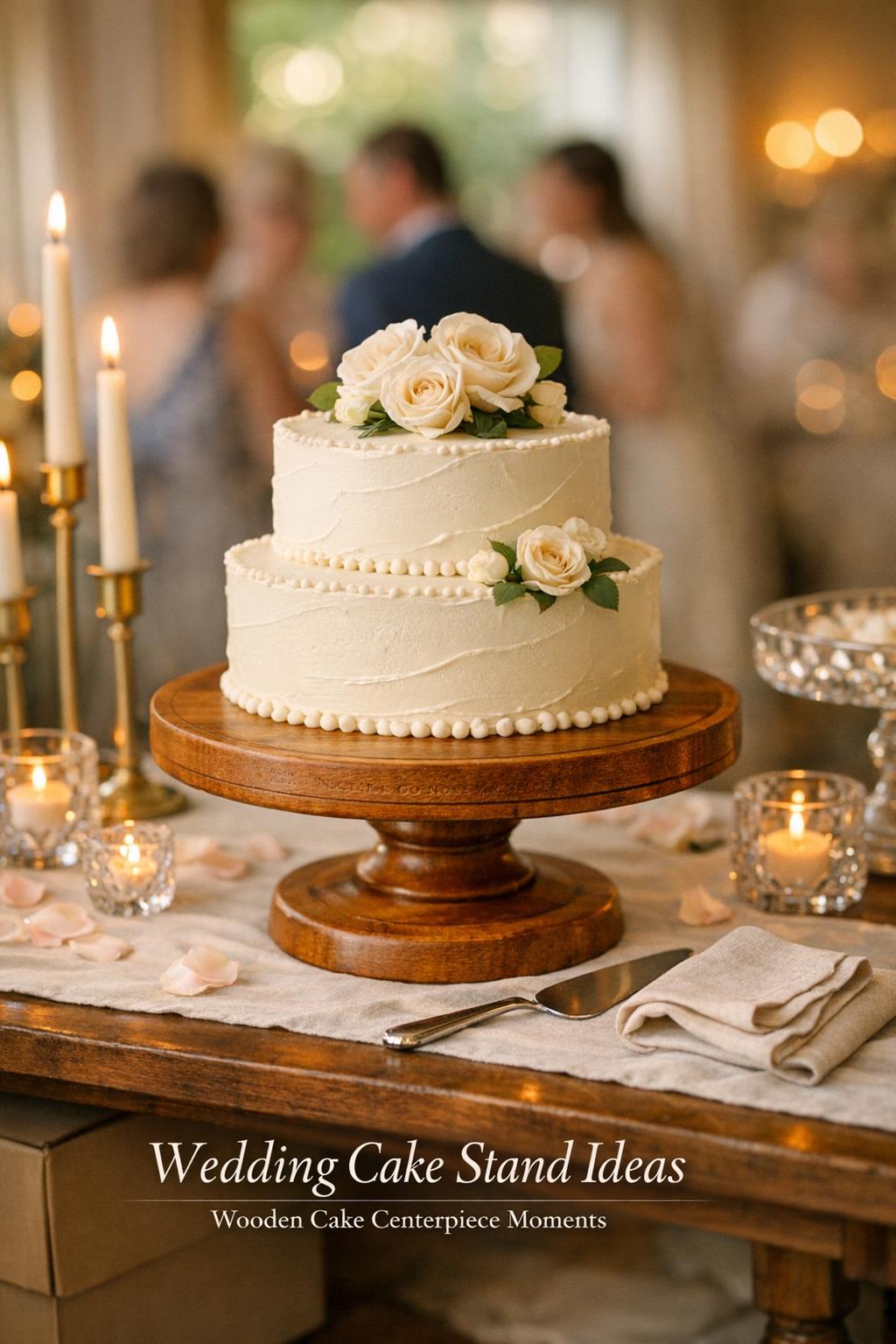 Wedding Cake Stand Ideas in Warm Maple Wood Wedding cake stand with elegant white buttercream cake on engraved maple wood stand at candlelit reception dessert table