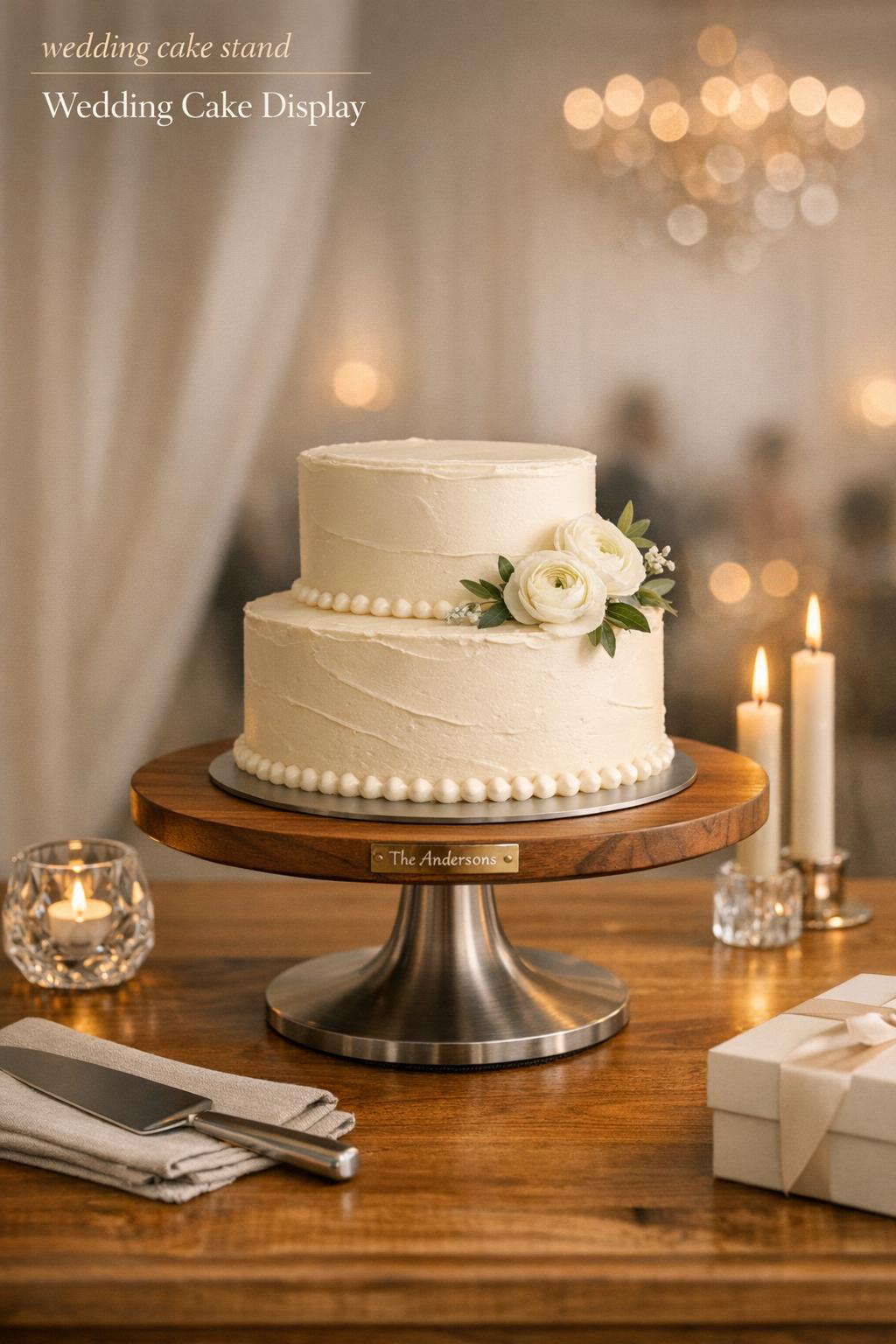 Wedding Cake Stand Editorial Dessert Table Wedding cake stand with ivory two-tier buttercream cake on a candlelit minimalist dessert table, crystal and wood accents.