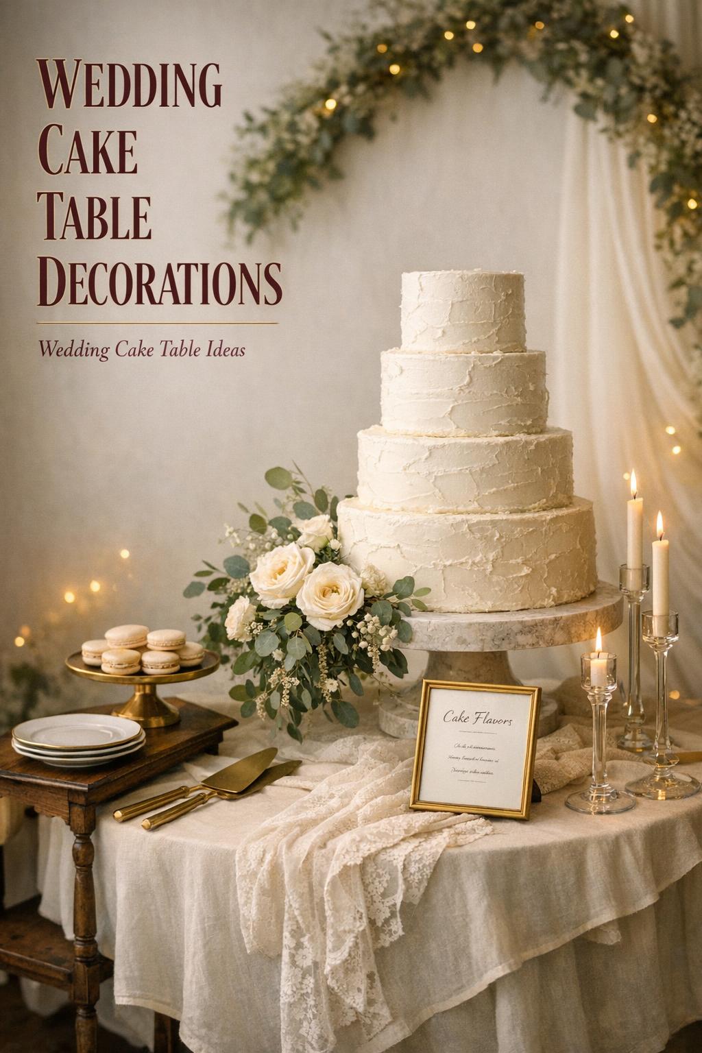Wedding cake table decorations with white buttercream tiered cake, candles, brass accents, and minimalist floral backdrop