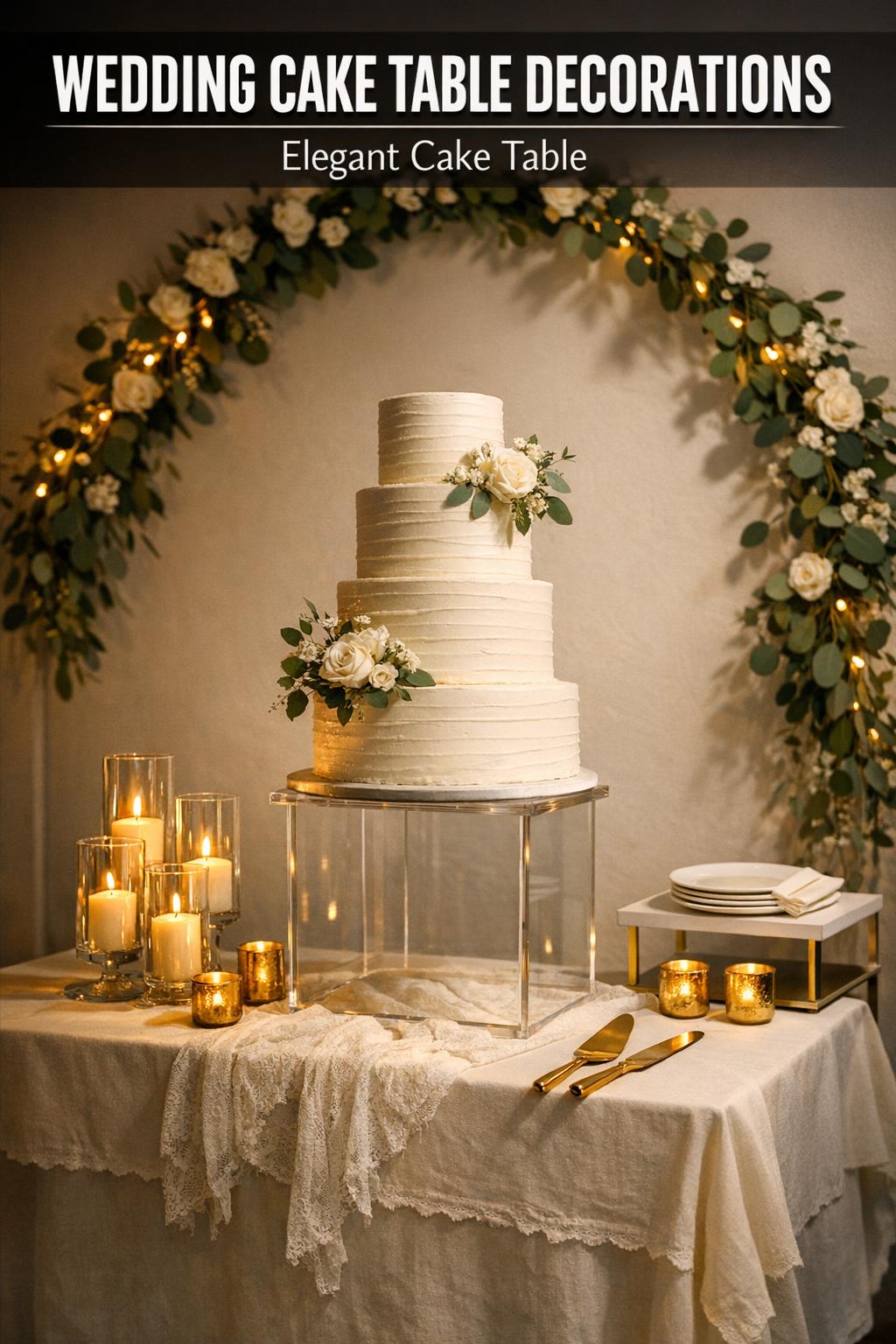 Wedding cake table decorations with elegant florals, candles, and a white tiered cake for a romantic reception setup
