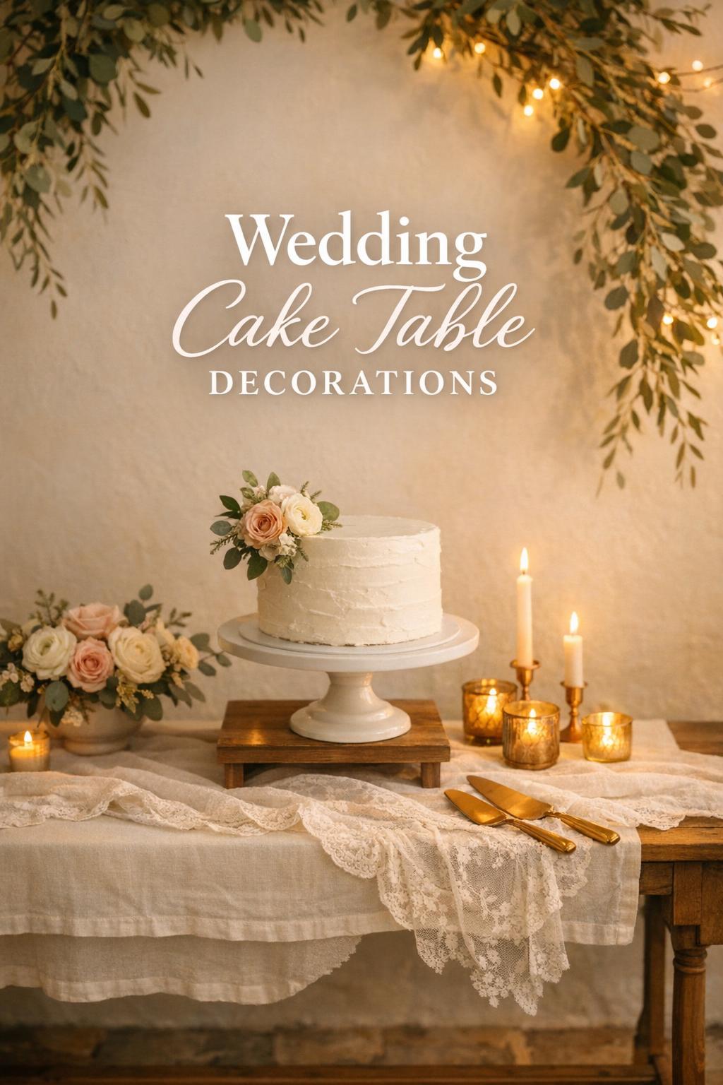 Wedding cake table decorations with elevated white frosted cake, warm candles, and minimal greenery at golden hour.
