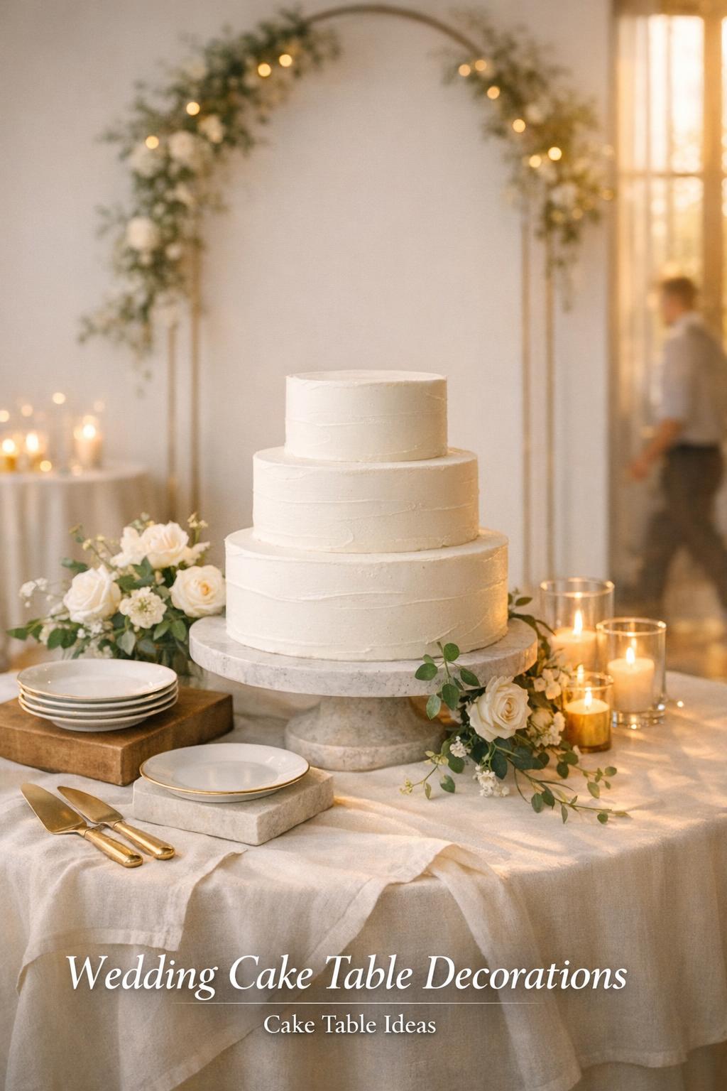 Wedding cake table decorations with a white buttercream tiered cake on a marble stand, soft florals, candles, and golden hour light.