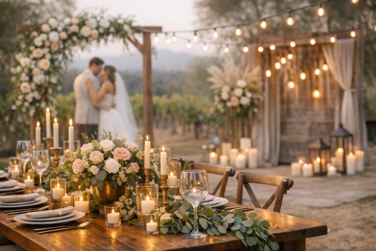 Wedding decoration ideas: candlelit greenery tablescape with white florals and warm string lights at a reception