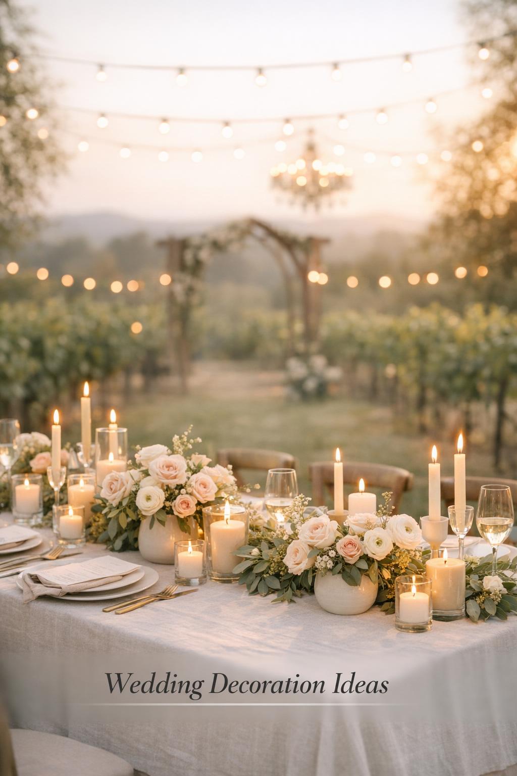 Wedding decoration ideas: romantic garden reception table with blush florals, sage greenery, candles, and linen at golden hour