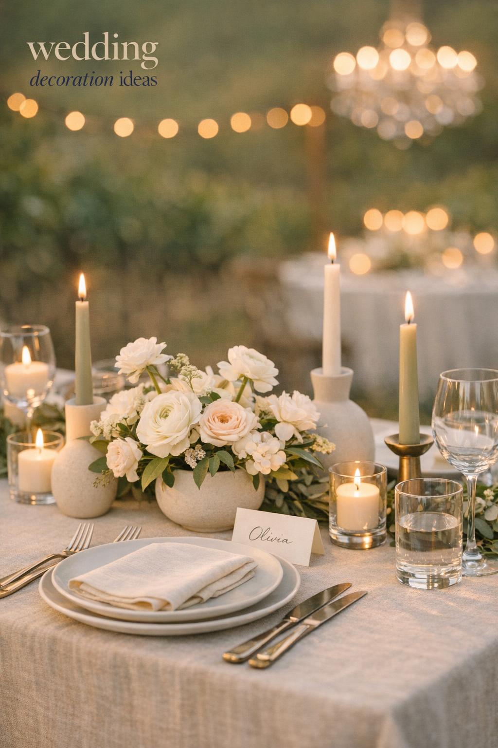 Wedding decoration ideas with neutral vineyard reception tablescape, ivory linens, roses, sage greenery, and taper candles at golden hour