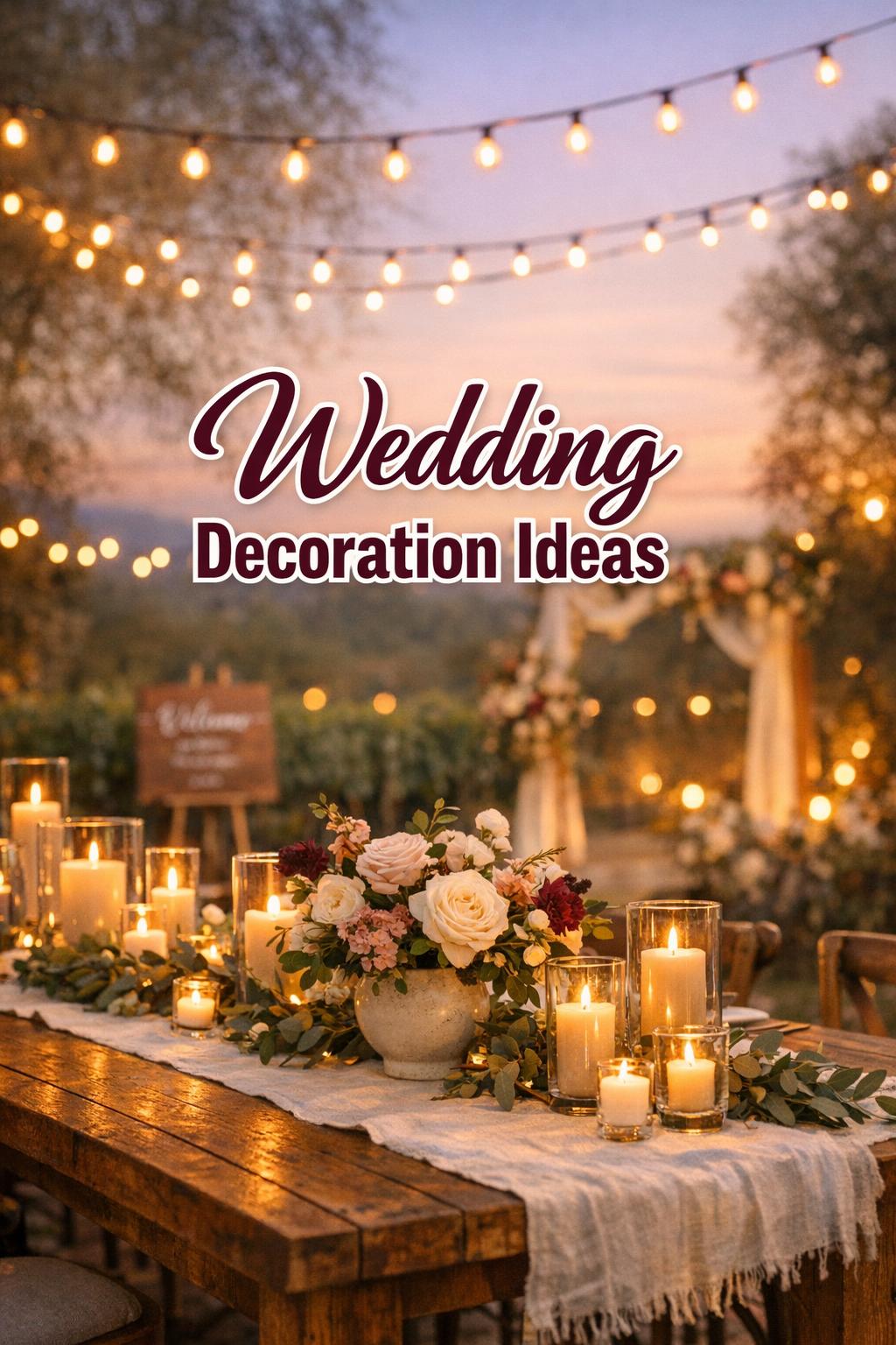 Wedding decoration ideas: golden hour vineyard reception table with candles, florals, string lights and linen runner