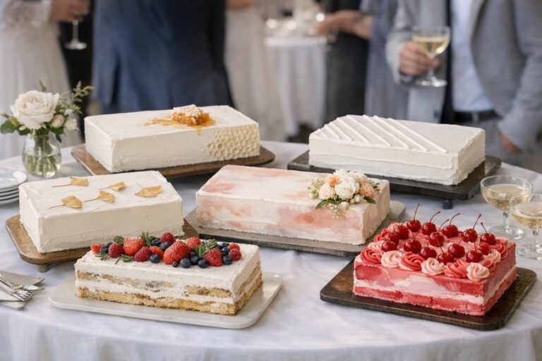 Wedding sheet cake ideas: elegant rectangular buttercream cake with minimalist piping and fresh florals on a styled dessert table