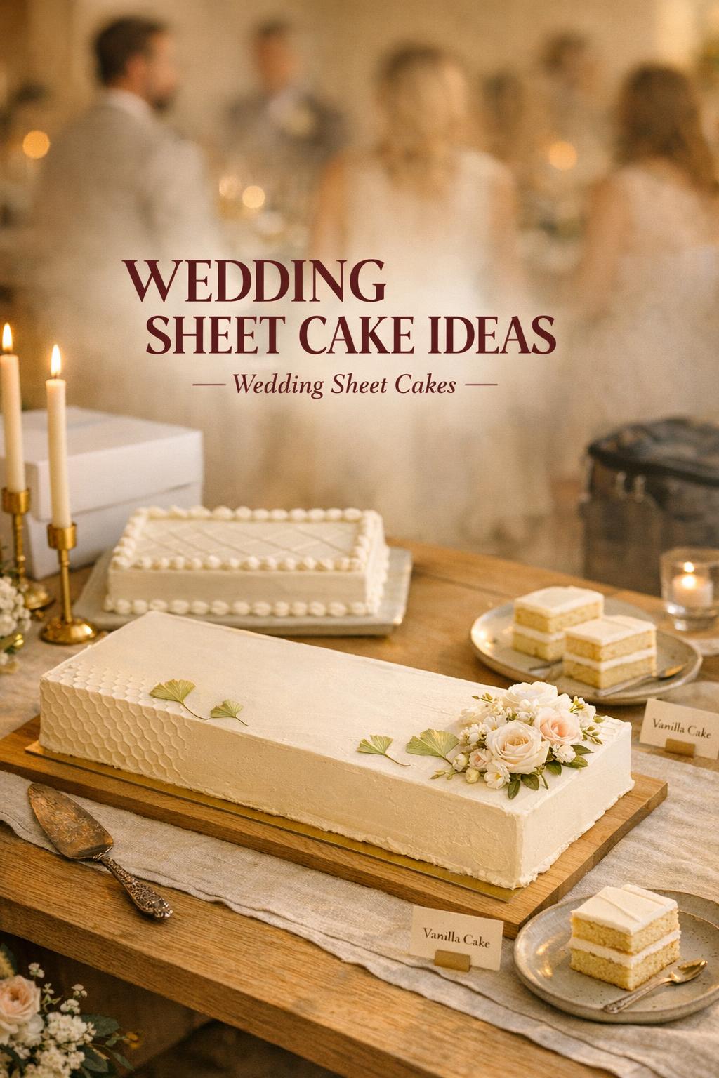 Wedding sheet cake ideas shown on an elegant ivory sheet cake dessert table in warm golden-hour reception light