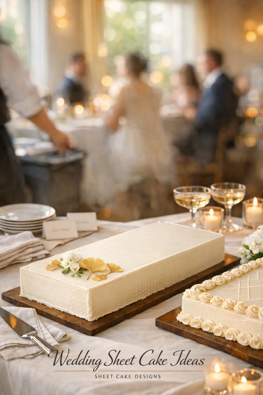 Wedding sheet cake ideas displayed on an elegant dessert table in golden-hour reception light with minimalist buttercream and ginkgo accents
