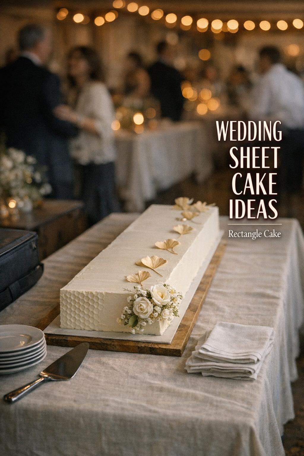 Wedding sheet cake ideas with minimalist runway rectangle cake on linen dessert table, warm reception bokeh and elegant details