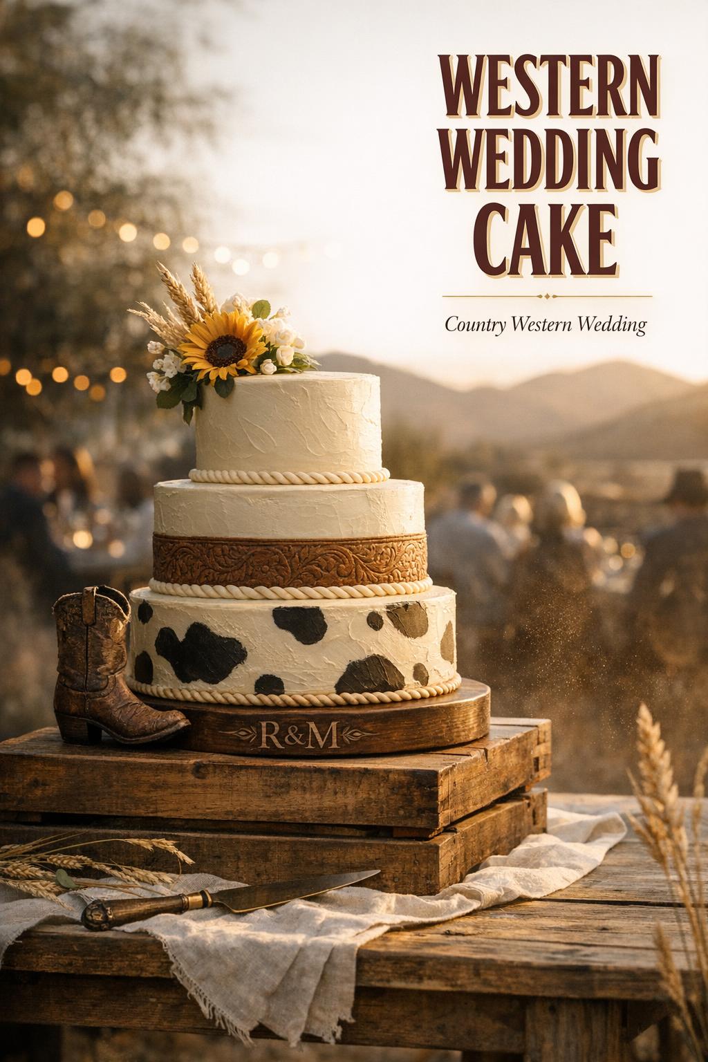 Western wedding cake on monogrammed wood stand at golden-hour rustic backyard reception with sunflowers, wheat, and string lights