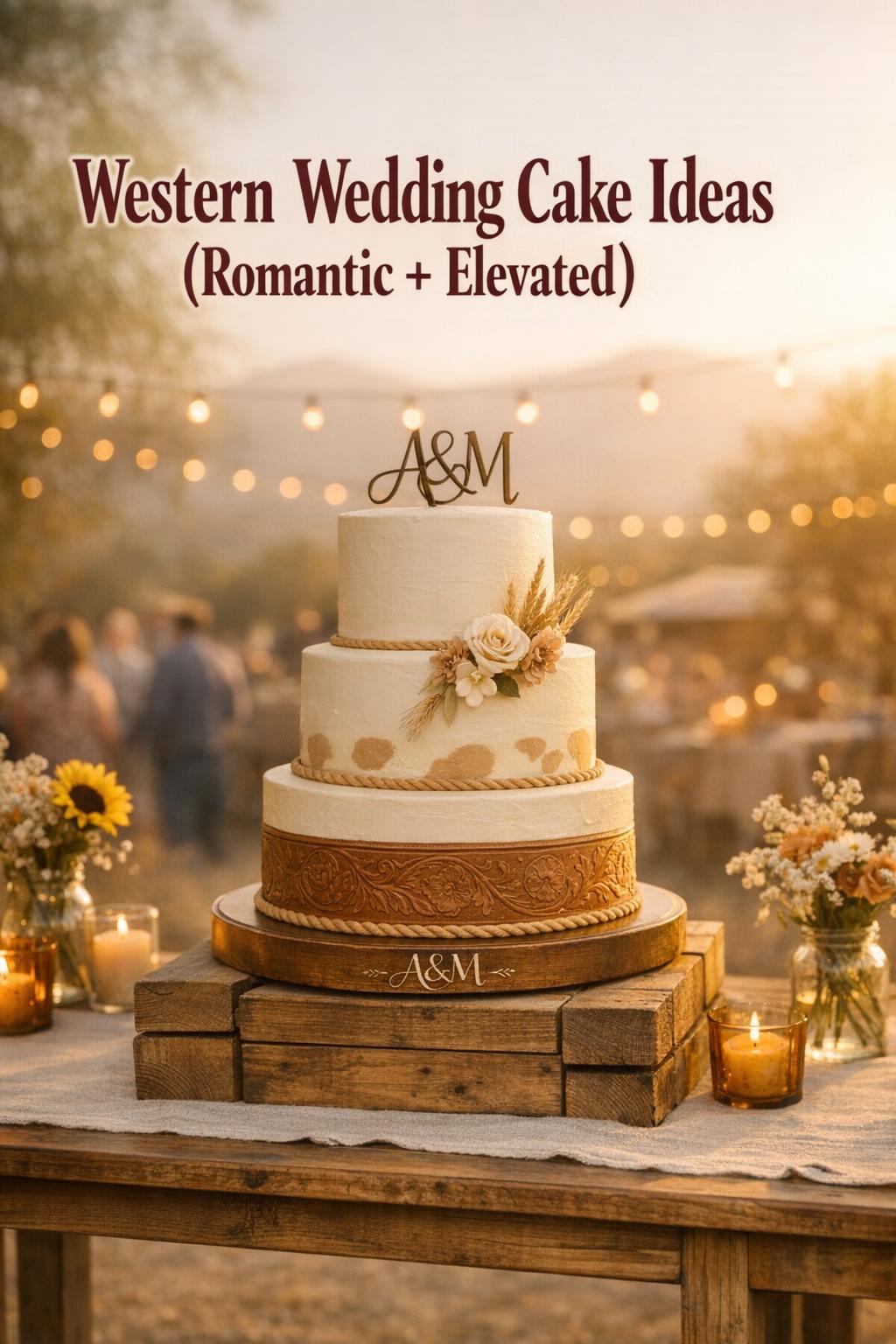 Western wedding cake display on farmhouse table at golden-hour rustic outdoor reception with wildflowers, candles, and string lights