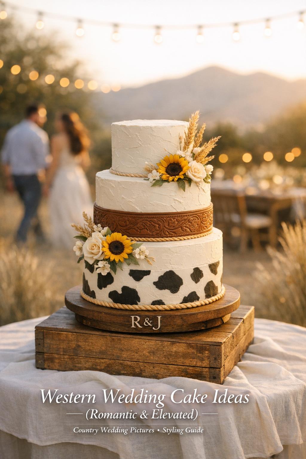 Western wedding cake on white linen table at golden-hour rustic outdoor reception with string lights and mountains