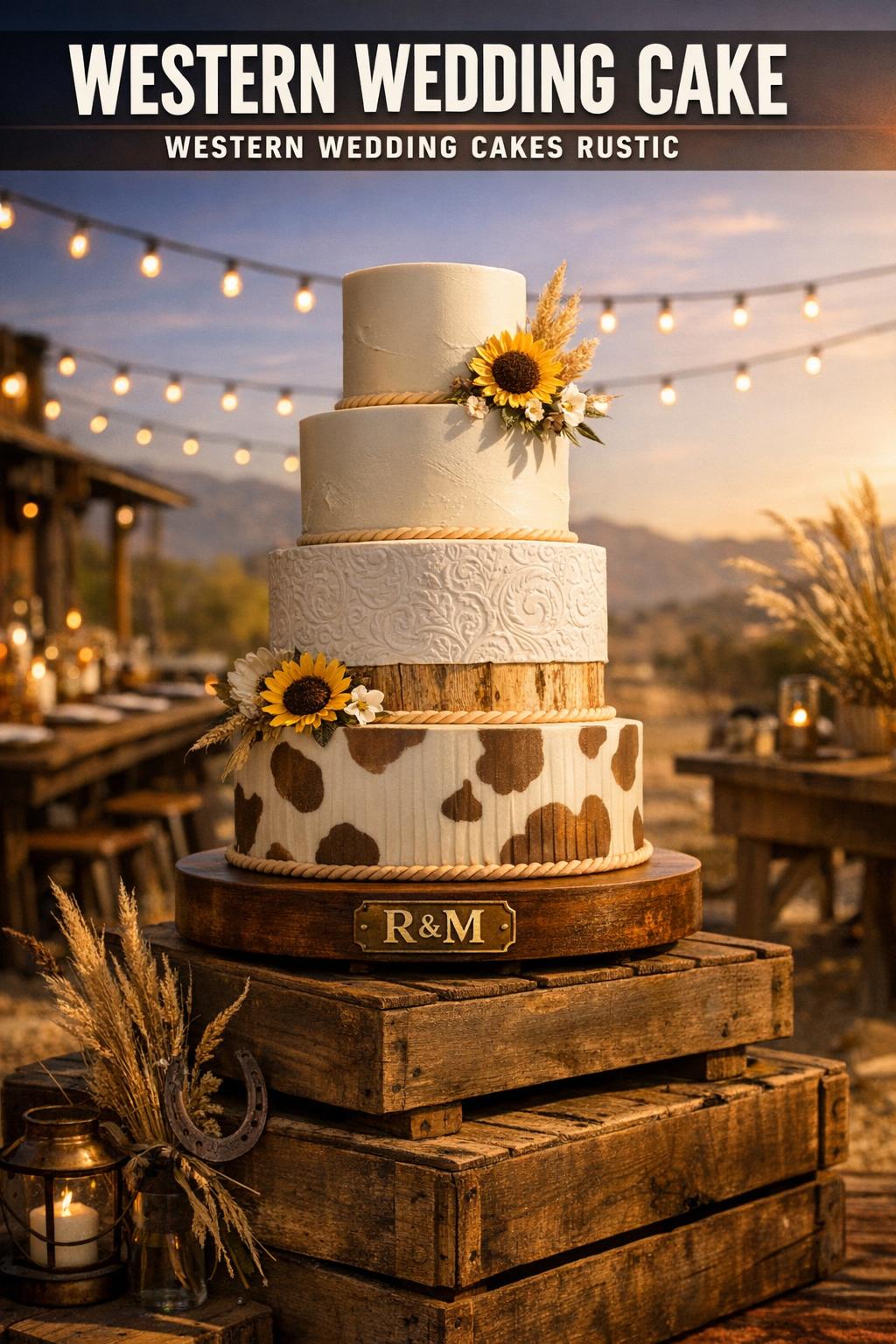 Western wedding cake with rustic buttercream, florals, and cowboy-inspired details on a wooden table