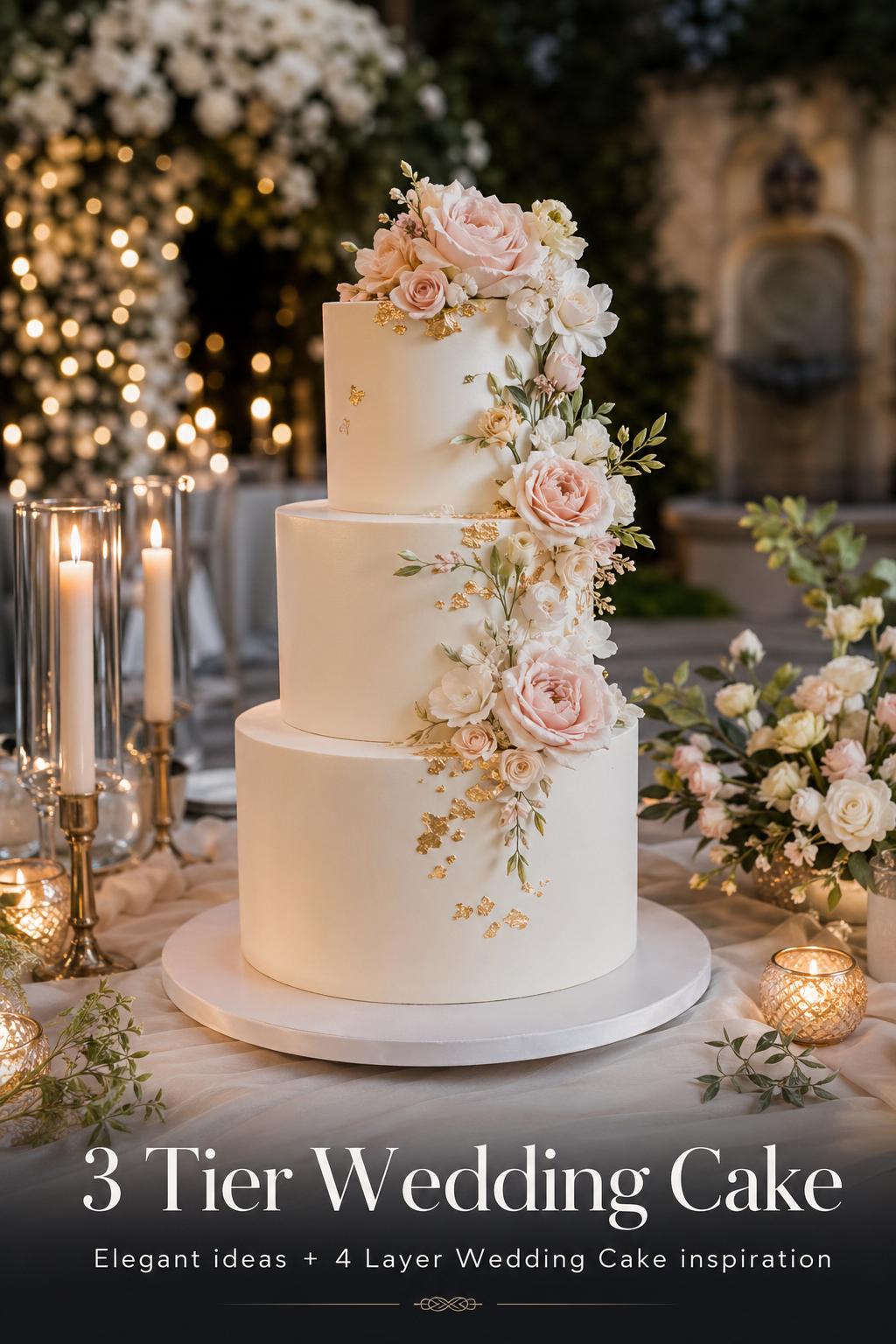 3 tier wedding cake on an elegant candlelit reception table with blush florals, soft ivory frosting, and dreamy bokeh