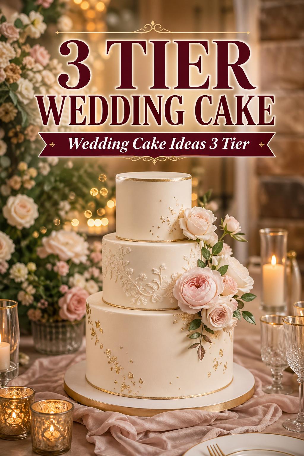 3 tier wedding cake on a candlelit reception table with blush flowers, gold accents, and bold text overlay