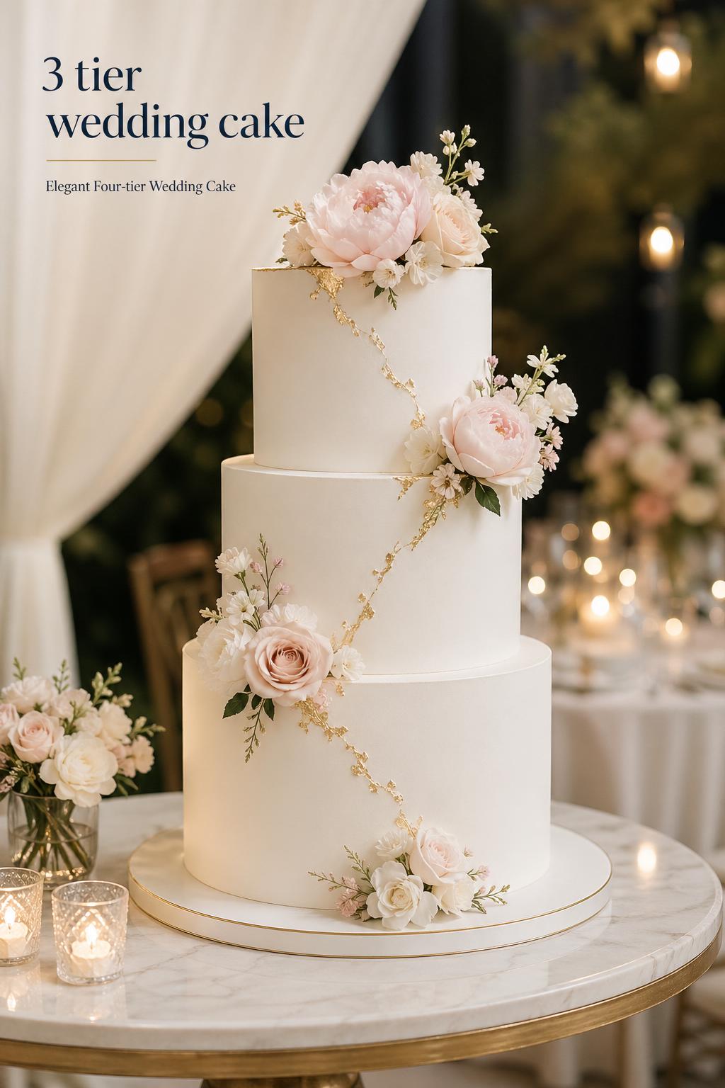 3 tier wedding cake on a pedestal with ivory buttercream, blush florals, and gold accents in a candlelit reception setting