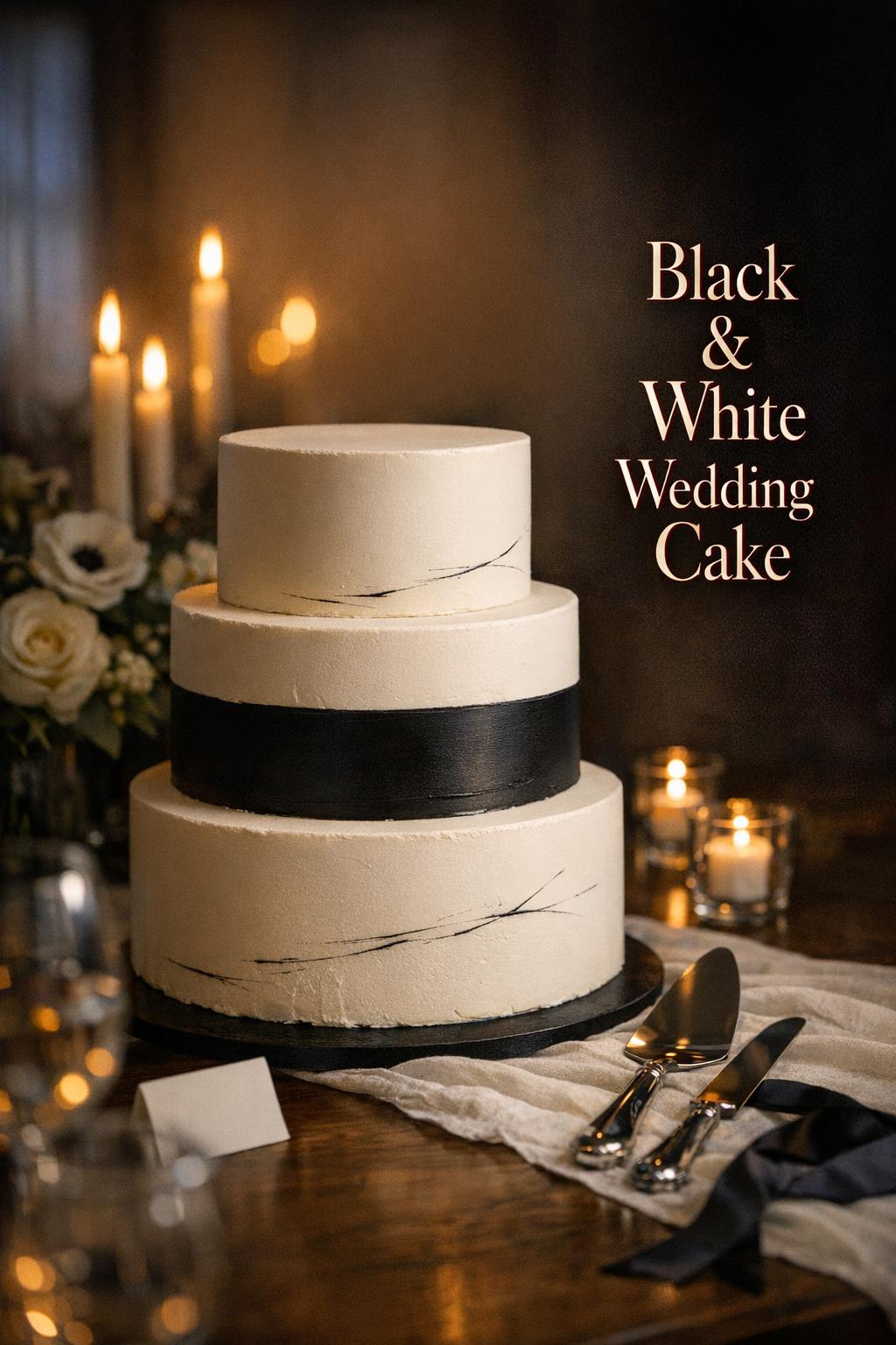 Black and white wedding cake on dark walnut table at candlelit black-tie reception, with elegant text overlay