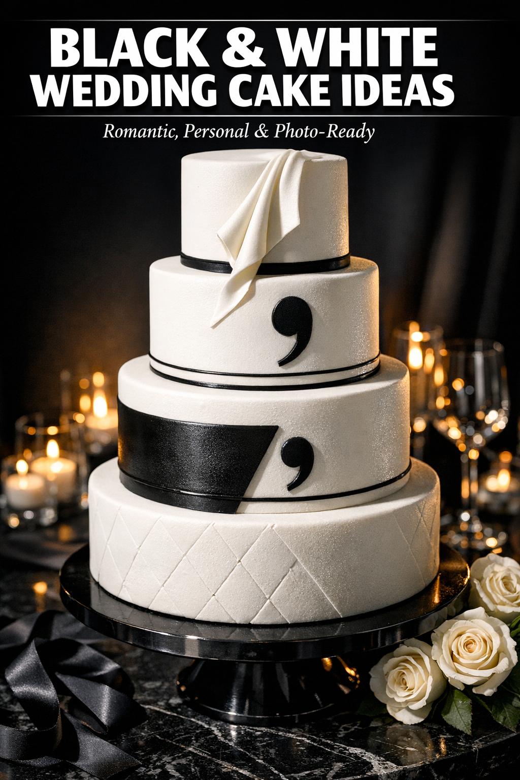 Black and white wedding cake with elegant tiered design and floral details on a reception table