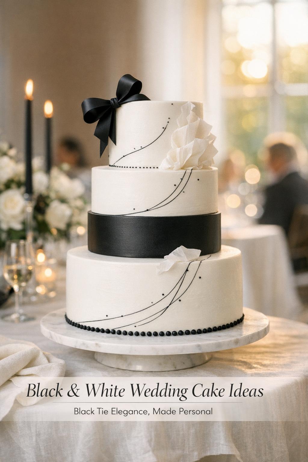 Black and white wedding cake styled on a marble table by a bright window, modern black-tie reception with soft bokeh