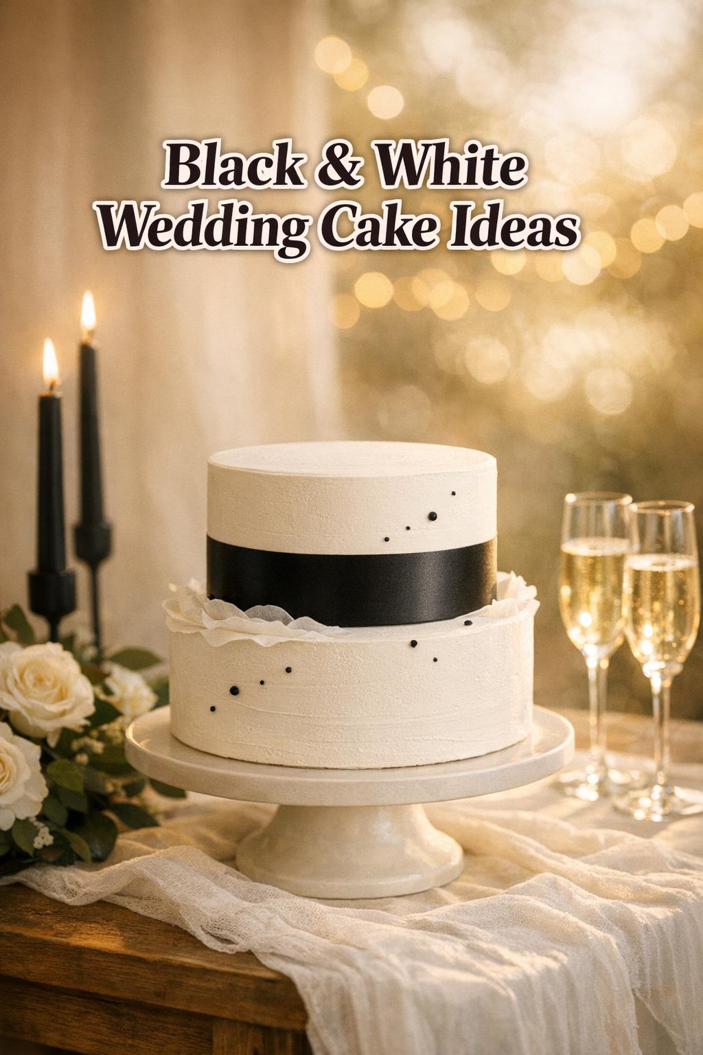 Black and white wedding cake on an ivory linen table with candles and roses at golden hour reception