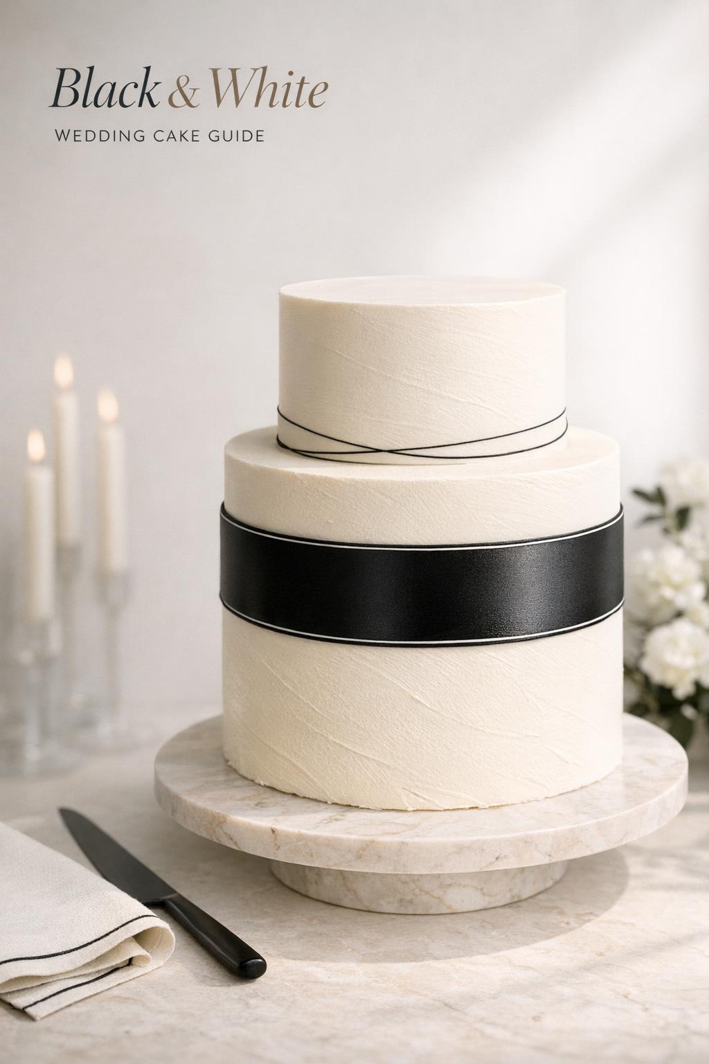 Black and white wedding cake with satin black band on marble pedestal in bright natural light, modern editorial style