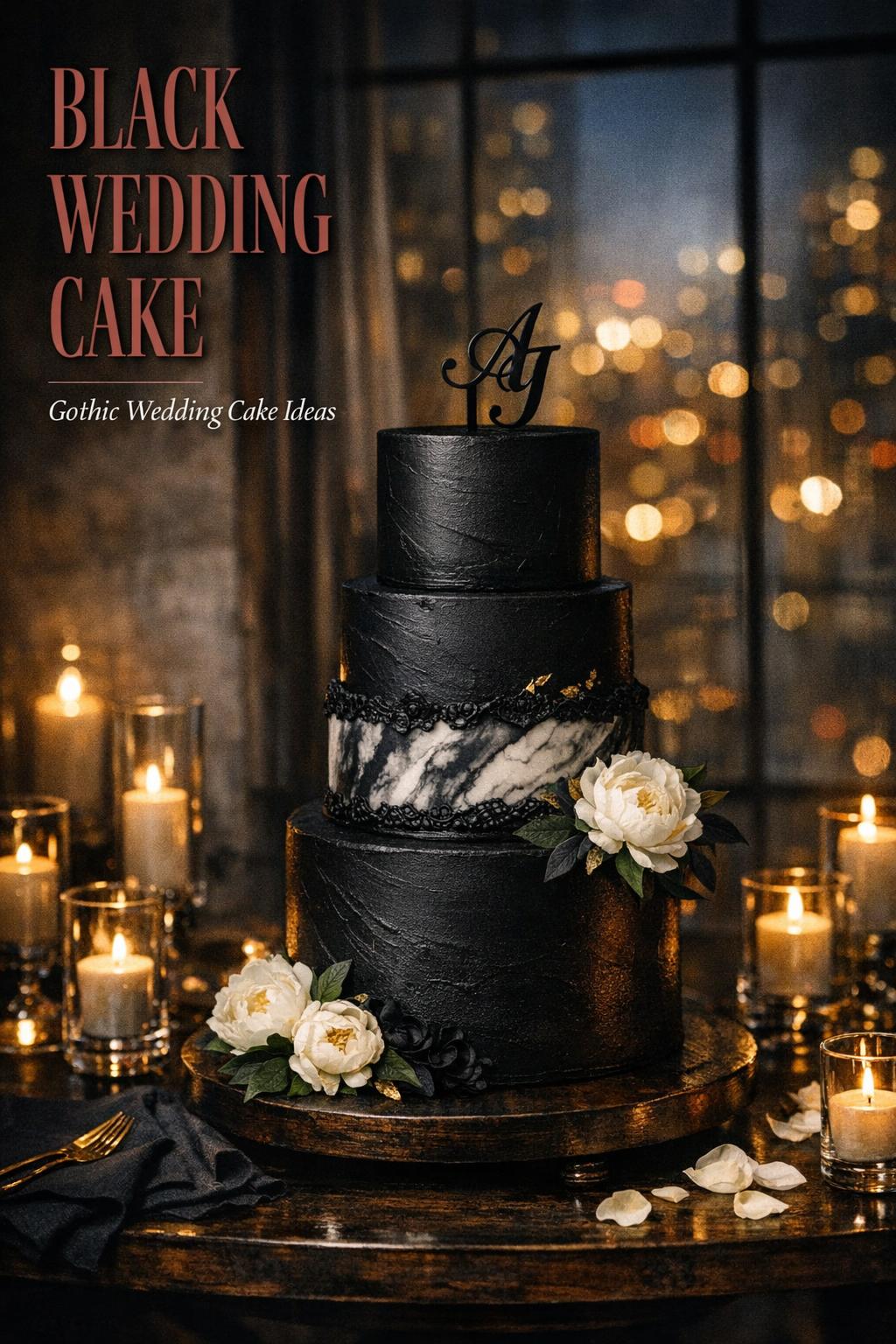 Black wedding cake on a dark wood table in a candlelit city loft reception at night with elegant floral accents