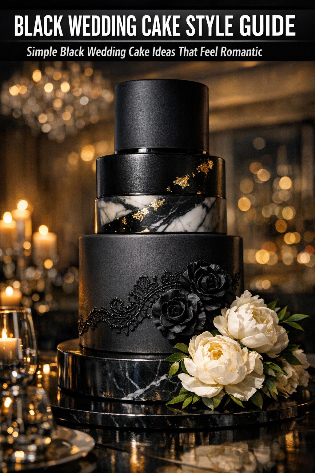 Black wedding cake with elegant floral details on a reception table