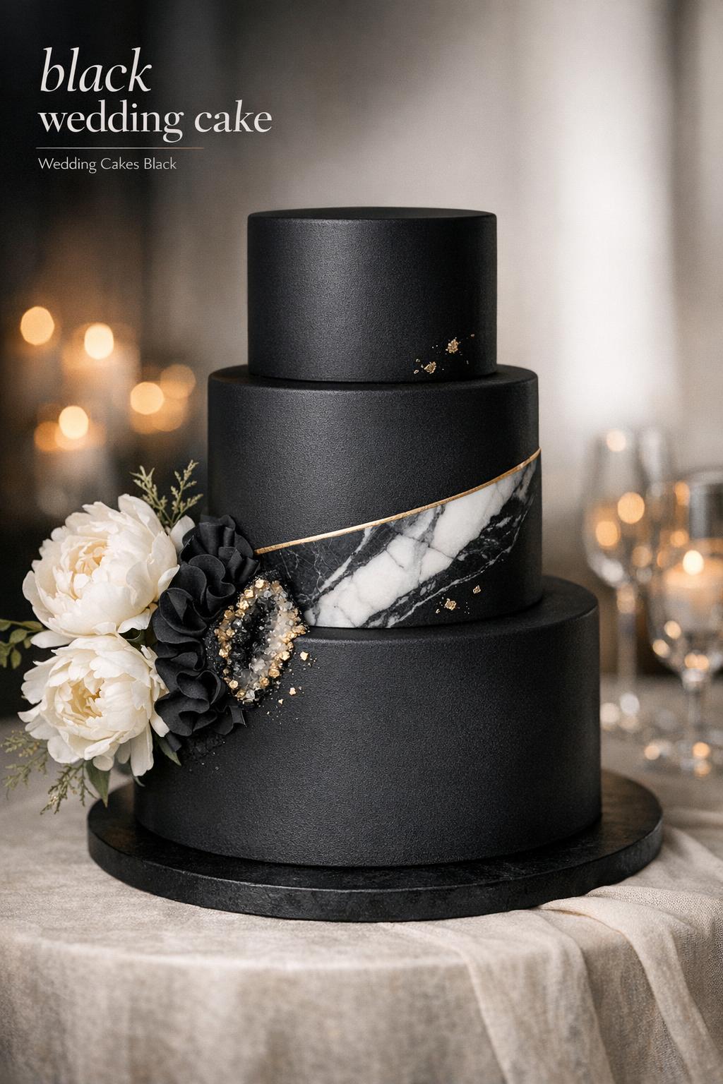 Black wedding cake with matte tiers, subtle marble wrap, white peonies, and minimal gold accents in luxe reception light