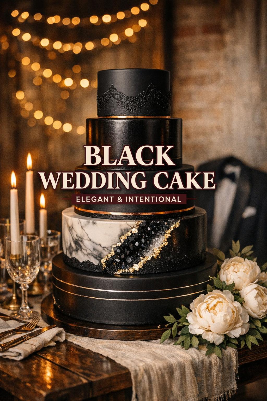 Black wedding cake on elegant reception table with peonies, candles, and golden-hour bokeh lights in a cozy loft venue