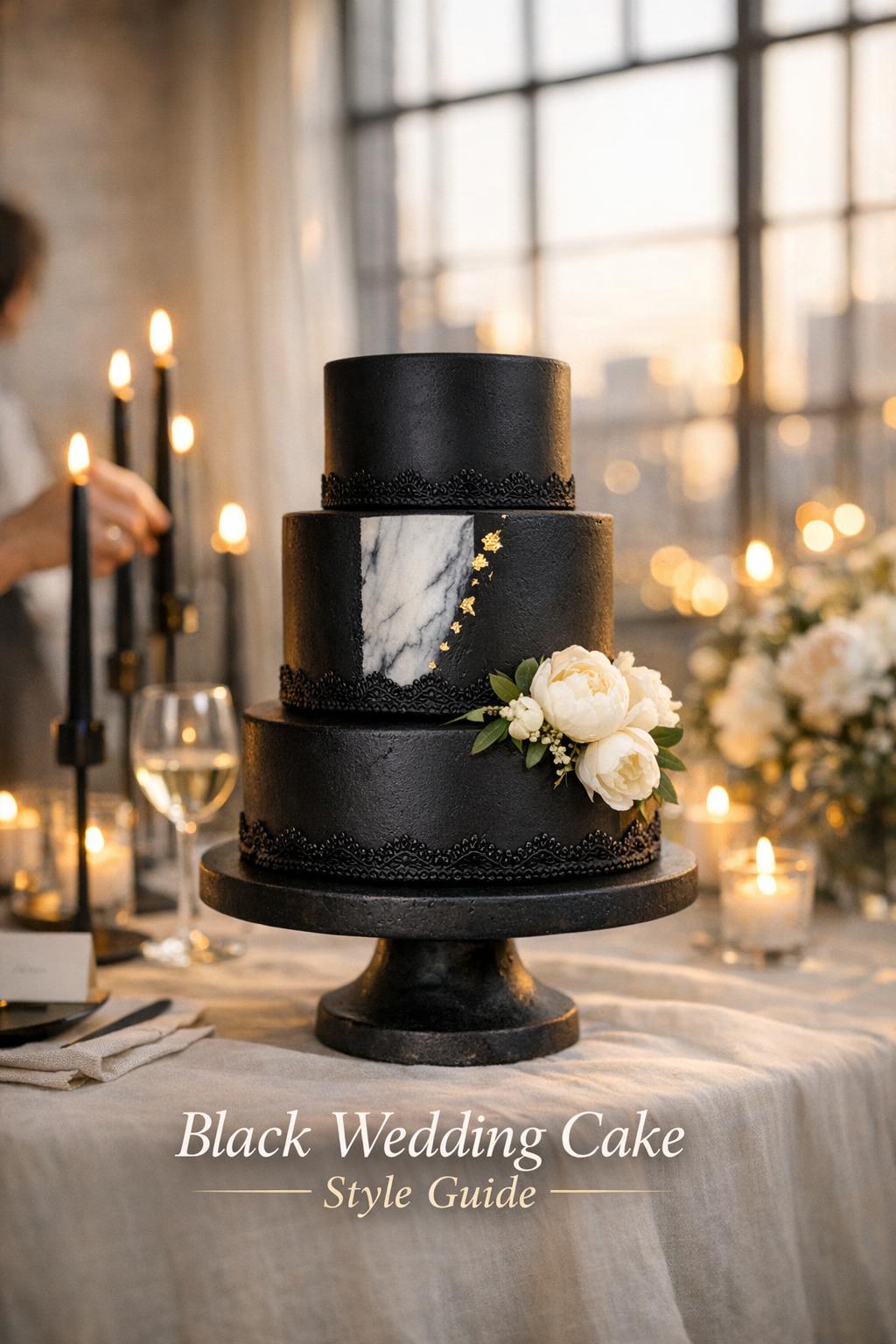 Black wedding cake on a modern loft reception table with candles, peonies, and golden-hour window light