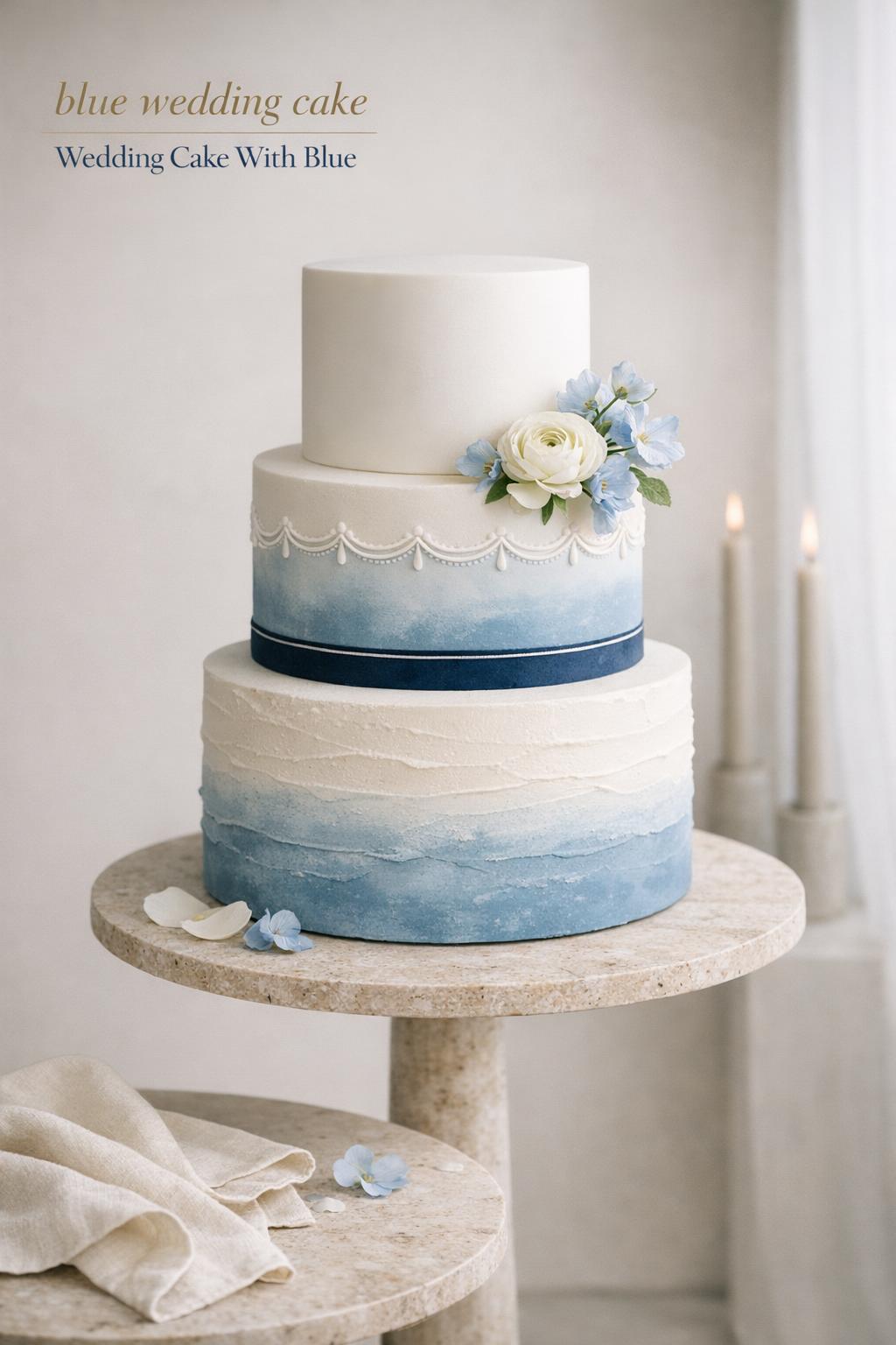 Blue wedding cake on travertine pedestal with dusty-blue ombré buttercream, white piping, and soft window light