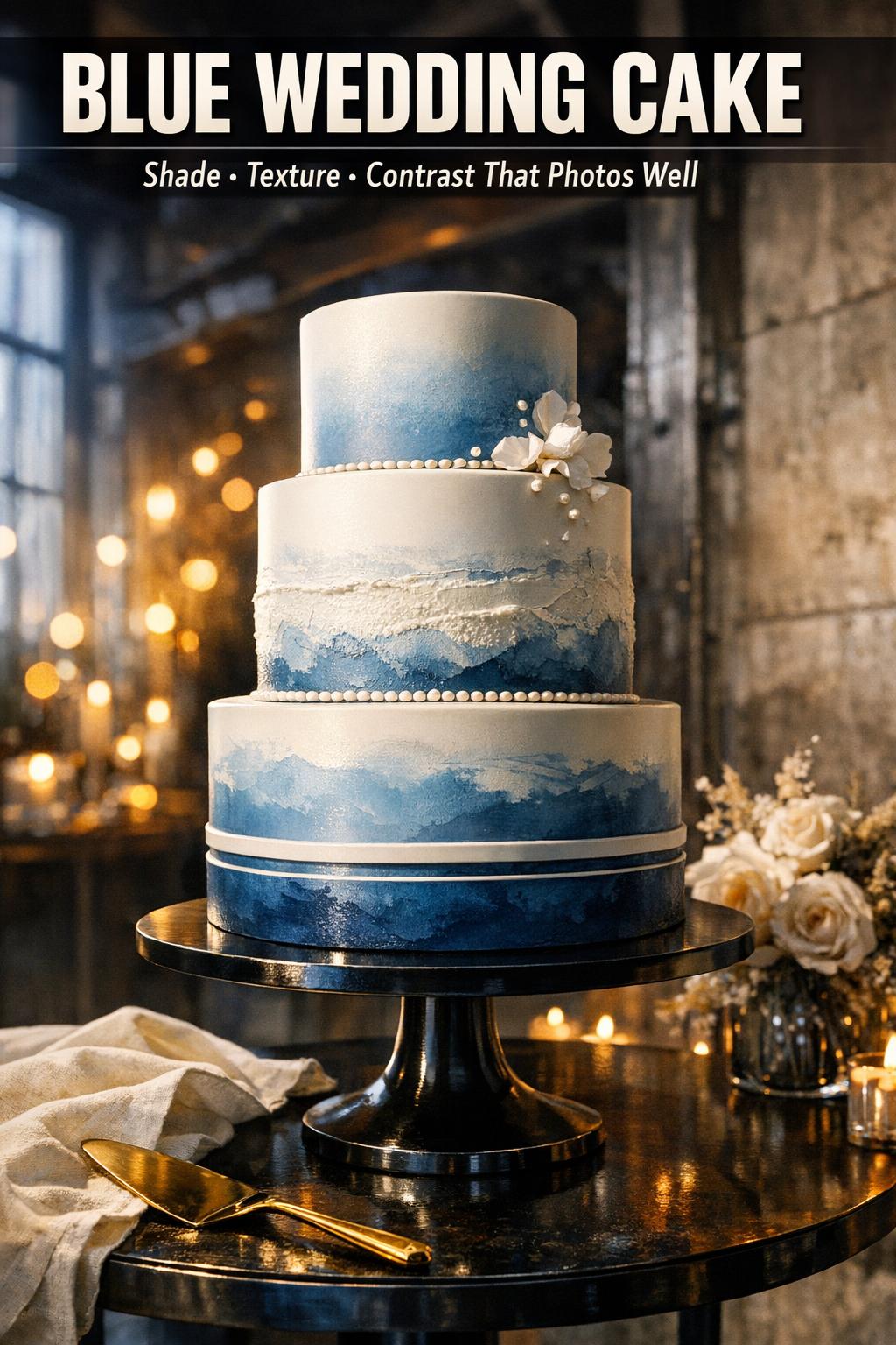 Blue wedding cake with elegant floral decorations at a reception table