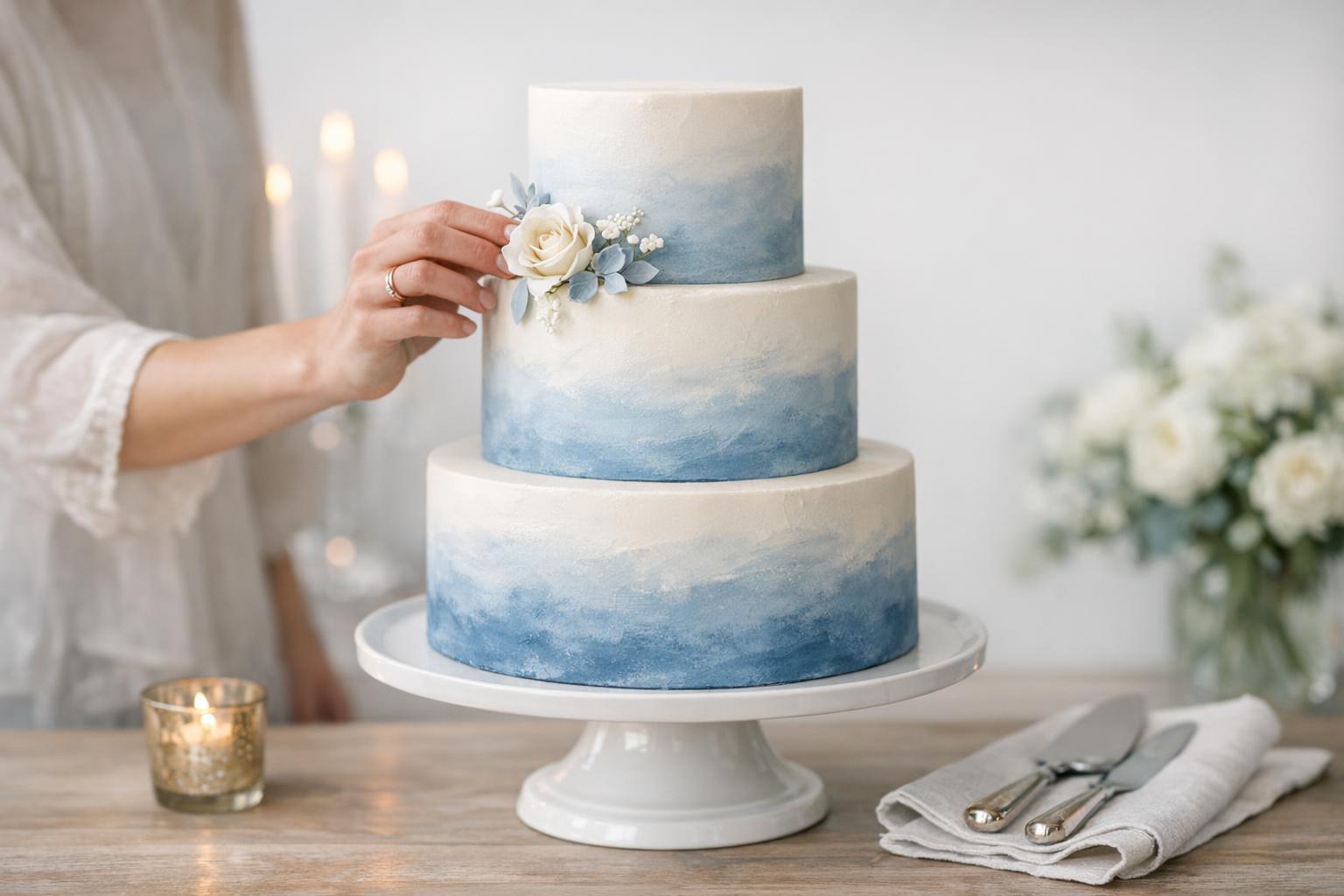 Blue wedding cake with white tiers, dusty blue brushstrokes, and delicate floral accents on an elegant cake table