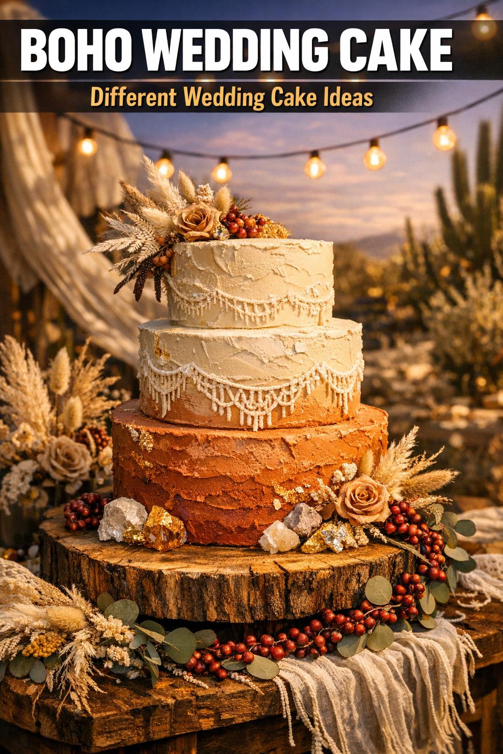 Boho wedding cake with textured buttercream, dried flowers, and rustic details on a wooden table