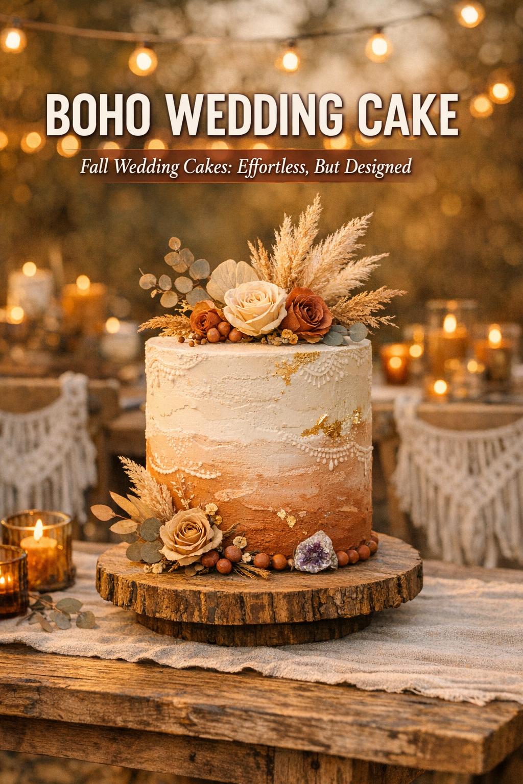 Boho wedding cake on rustic wooden stand with dried florals under string lights at a fall outdoor reception
