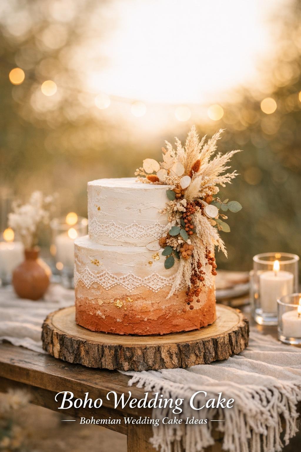 Boho wedding cake on rustic wood stand with pampas florals at golden hour outdoor reception table