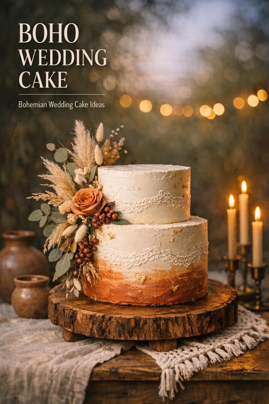 Boho wedding cake on rustic walnut pedestal with dried florals, taper candles, and string lights at dusk