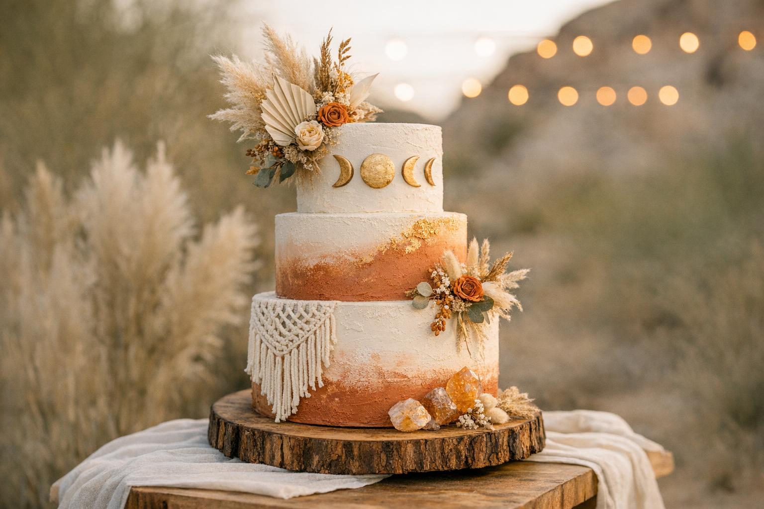 Boho wedding cake with textured buttercream, terracotta tones, and dried florals on a sunlit rustic cake table
