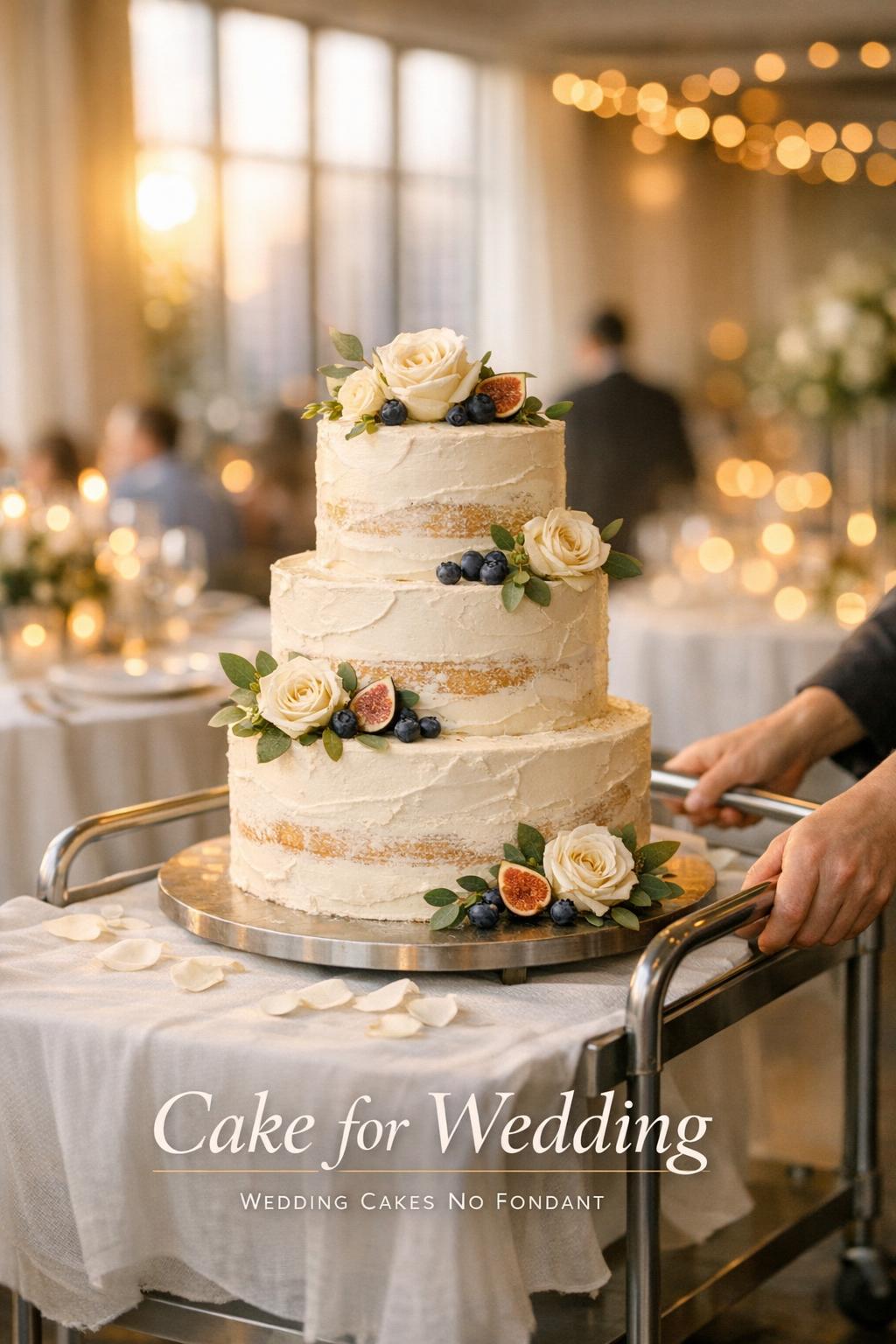 Cake for wedding rolled in on a cart, elegant three-tier buttercream with florals in a sunlit modern ballroom