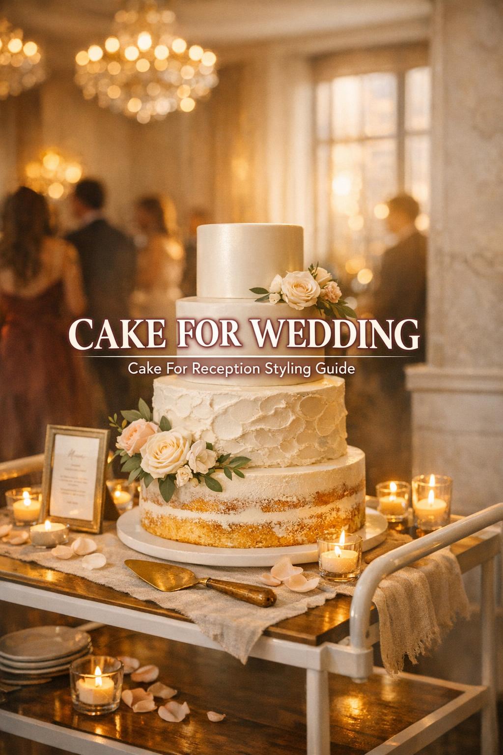 Cake for wedding arrives on a white cart beside a modern reception cake table in warm golden-hour ballroom light