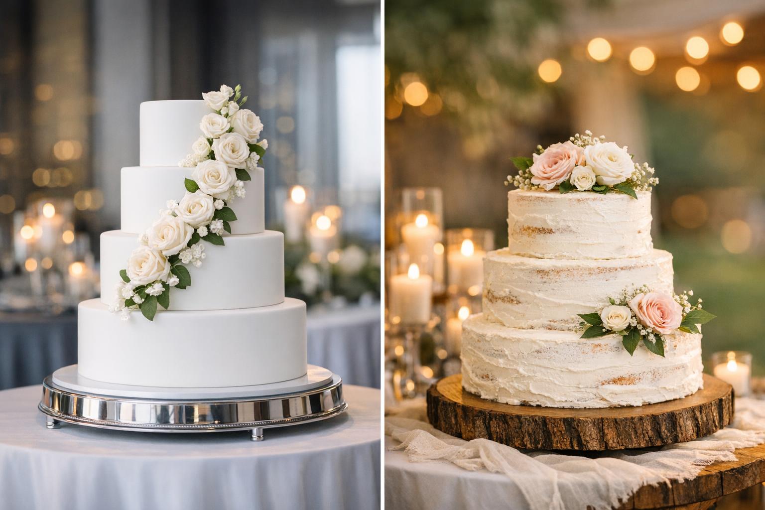 Three-tier cake for wedding with fondant and buttercream finishes on a styled reception table