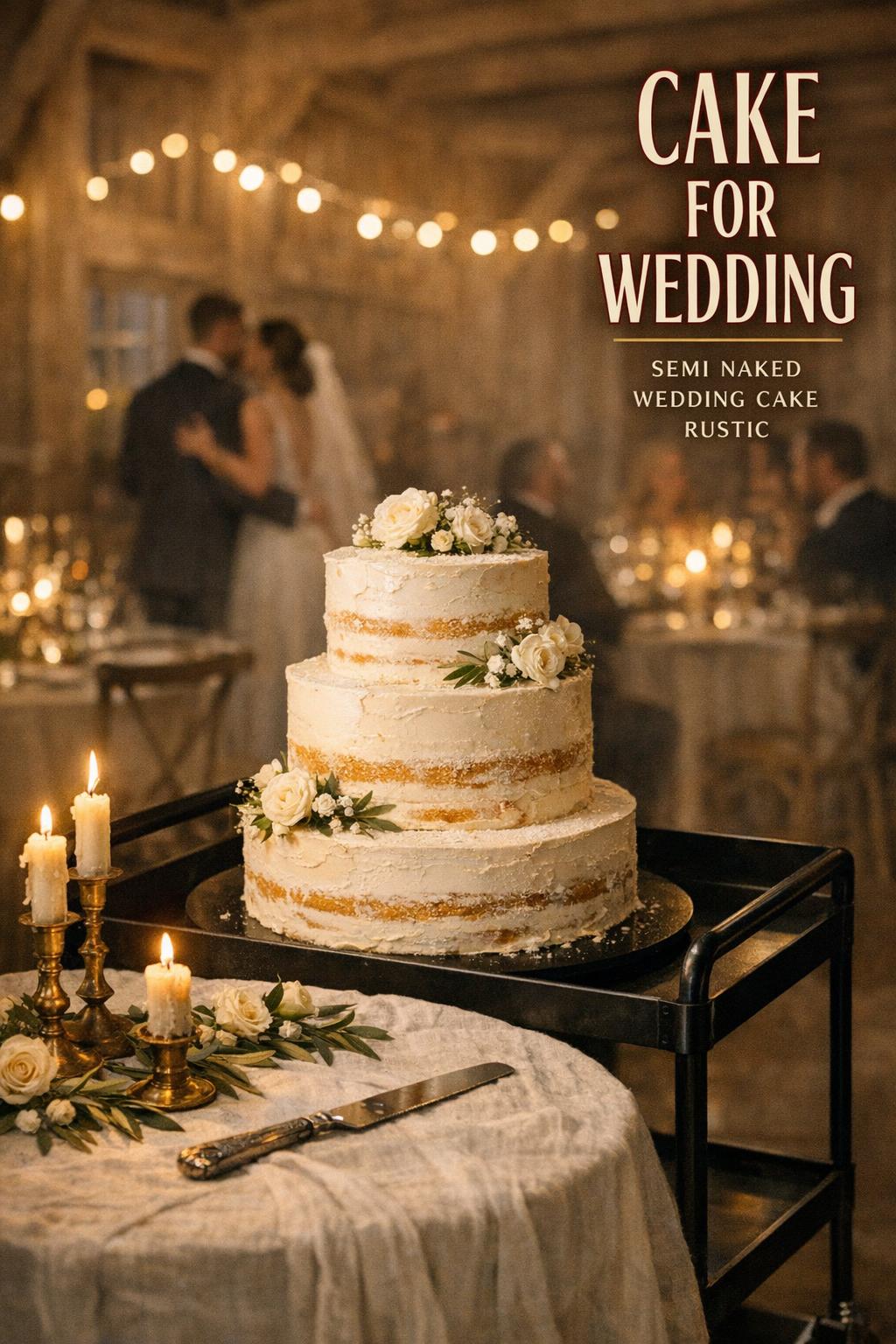 Cake for wedding rolled in on matte-black cart in candlelit rustic barn, semi-naked tiered cake on styled table